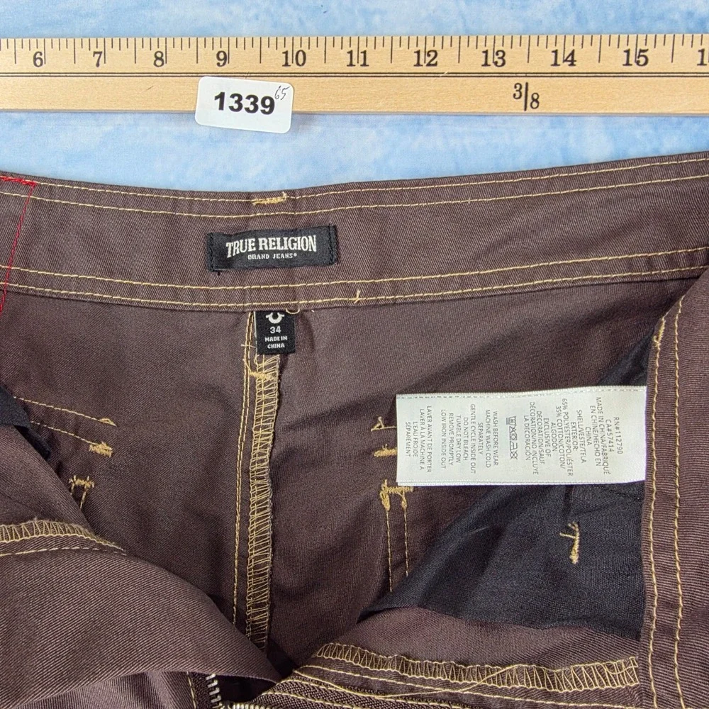 True Religion Mens Cargo Pants Bracken Brown Straight Leg Contras Stitch Size 34